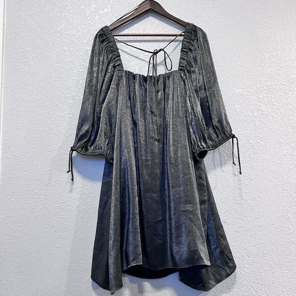 Free People Mara Dark Grey Metallic Puff Sleeve Shift Dress Oversized Size Large - Picture 3 of 10